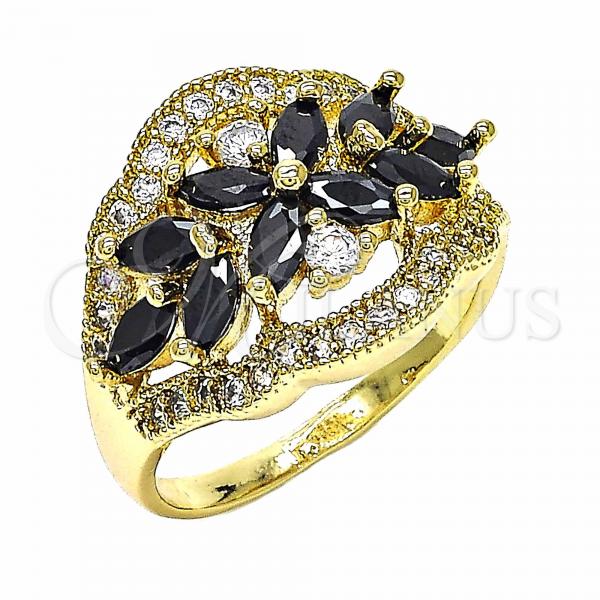Oro Laminado Multi Stone Ring, Gold Filled Style Flower Design, with Black and White Cubic Zirconia, Polished, Golden Finish, 01.283.0007.07 (Size 7)