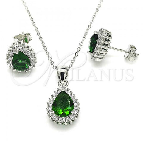 Sterling Silver Earring and Pendant Adult Set, Teardrop Design, with Green and White Cubic Zirconia, Polished, Rhodium Finish, 10.175.0079.2