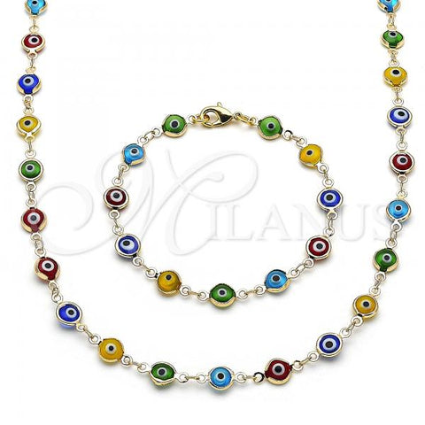 Oro Laminado Necklace and Bracelet, Gold Filled Style Evil Eye Design, Enamel Finish, Golden Finish, 06.63.0008.1