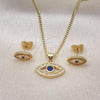 Oro Laminado Earring and Pendant Adult Set, Gold Filled Style Evil Eye Design, with Sapphire Blue and White Micro Pave, Polished, Golden Finish, 10.156.0342