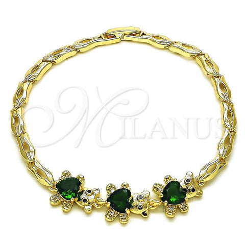 Oro Laminado Fancy Bracelet, Gold Filled Style Teddy Bear Design, with Green Cubic Zirconia and White Micro Pave, Polished, Golden Finish, 03.284.0034.1.08