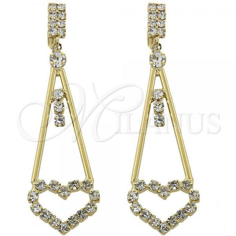 Oro Laminado Long Earring, Gold Filled Style Heart Design, with White Cubic Zirconia, Polished, Golden Finish, 5.110.007