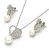 Sterling Silver Earring and Pendant Adult Set, Heart and Ball Design, with White Micro Pave and Ivory Pearl, Polished, Rhodium Finish, 10.175.0033