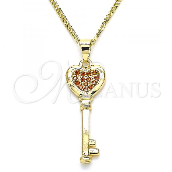 Oro Laminado Pendant Necklace, Gold Filled Style key and Heart Design, with Garnet Micro Pave, Polished, Golden Finish, 04.344.0013.1.20