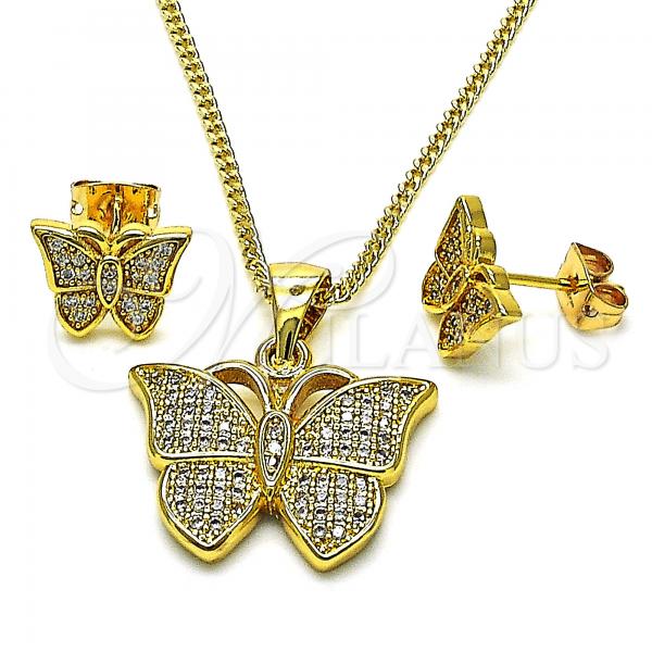 Oro Laminado Earring and Pendant Adult Set, Gold Filled Style Butterfly Design, with White Micro Pave, Polished, Golden Finish, 10.342.0065