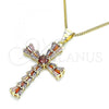 Oro Laminado Pendant Necklace, Gold Filled Style Cross Design, with Multicolor Cubic Zirconia, Polished, Golden Finish, 04.284.0027.3.18