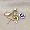 Oro Laminado Fancy Pendant, Gold Filled Style Cross and Dolphin Design, Blue Enamel Finish, Golden Finish, 05.213.0165