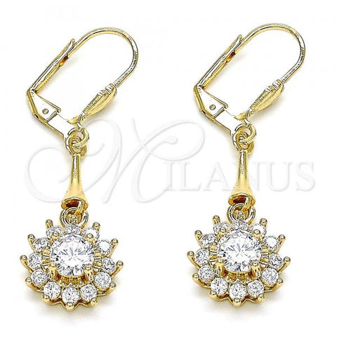 Oro Laminado Long Earring, Gold Filled Style Flower Design, with White Cubic Zirconia, Polished, Golden Finish, 02.387.0055.2