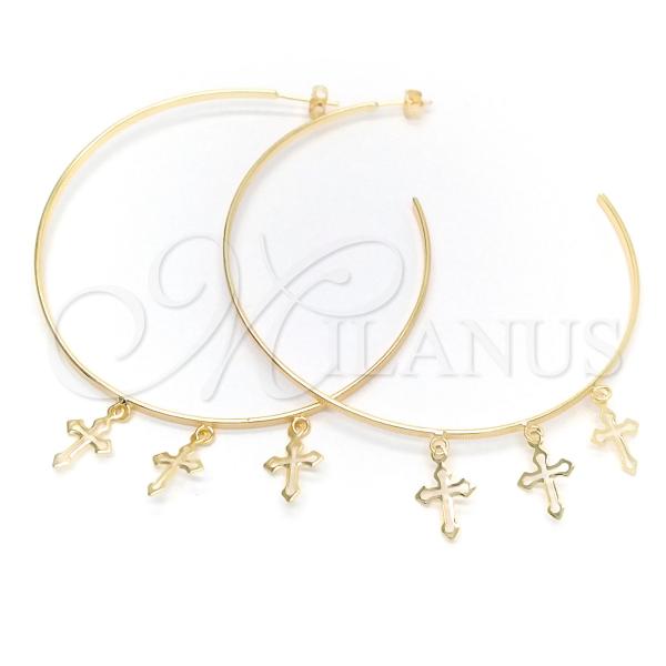 Oro Laminado Large Hoop, Gold Filled Style Cross Design, Polished, Golden Finish, 02.58.0073.70