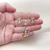 Oro Laminado Earring and Pendant Adult Set, Gold Filled Style San Judas Design, with Multicolor Cubic Zirconia, Polished, Golden Finish, 10.411.0013.1
