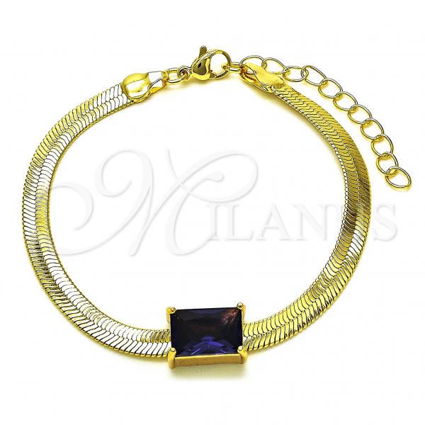 Oro Laminado Fancy Bracelet, Gold Filled Style Rat Tail Design, with Dark Amethyst Cubic Zirconia, Polished, Golden Finish, 03.341.0191.2.07