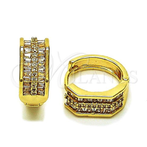 Oro Laminado Huggie Hoop, Gold Filled Style Baguette Design, with White Cubic Zirconia and White Micro Pave, Polished, Golden Finish, 02.283.0263.20