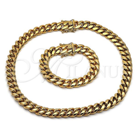 Stainless Steel Necklace and Bracelet, Miami Cuban Design, Polished, Golden Finish, 06.116.0041.1