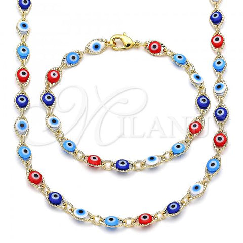 Oro Laminado Necklace and Bracelet, Gold Filled Style Evil Eye Design, Multicolor Resin Finish, Golden Finish, 06.63.0199.3