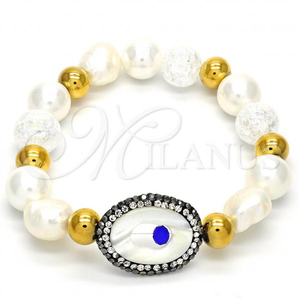 Stainless Steel Fancy Bracelet, with Ivory Pearl and Light Brown Crystal, Polished, Golden Finish, 03.229.0005.07