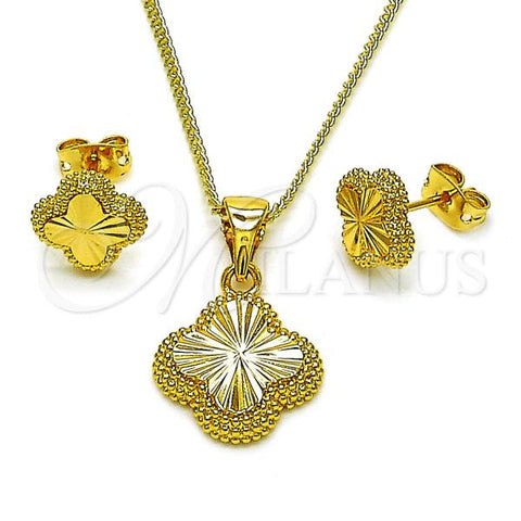 Oro Laminado Earring and Pendant Adult Set, Gold Filled Style Four-leaf Clover Design, Diamond Cutting Finish, Golden Finish, 10.342.0199