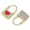 Oro Laminado Huggie Hoop, Gold Filled Style Lock and Heart Design, with White Micro Pave, Red Enamel Finish, Golden Finish, 02.213.0210.1.10