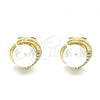 Oro Laminado Stud Earring, Gold Filled Style with Ivory Pearl and White Micro Pave, Polished, Golden Finish, 02.342.0150