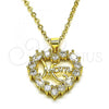 Oro Laminado Fancy Pendant, Gold Filled Style Heart and Mom Design, with White Cubic Zirconia, Polished, Golden Finish, 05.341.0064