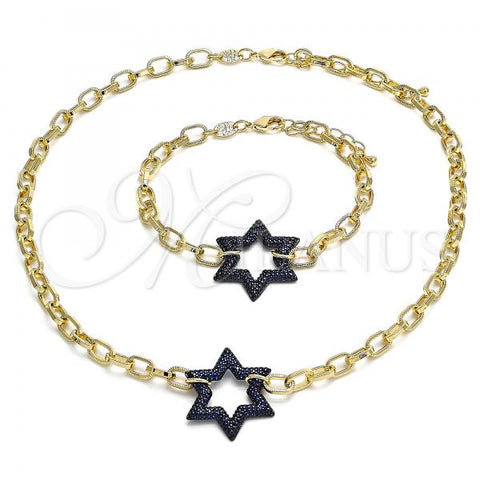 Oro Laminado Necklace and Bracelet, Gold Filled Style Paperclip and Star of David Design, with Sapphire Blue Micro Pave, Polished, Black Rhodium Finish, 06.341.0003.3