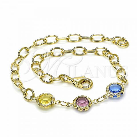 Oro Laminado Fancy Bracelet, Gold Filled Style Rolo Design, with Multicolor Crystal, Multicolor Polished, Golden Finish, 03.09.0075.07