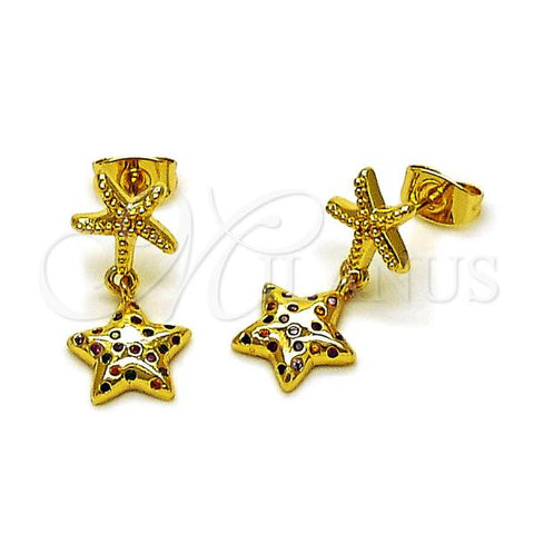 Oro Laminado Stud Earring, Gold Filled Style Star Design, with Multicolor Micro Pave, Polished, Golden Finish, 02.282.0046