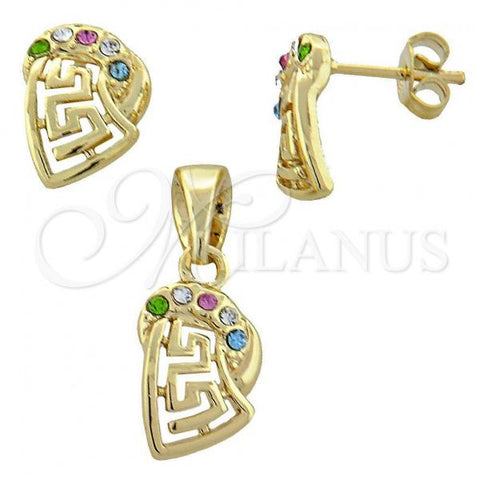 Oro Laminado Earring and Pendant Adult Set, Gold Filled Style Greek Key Design, with  Crystal, Golden Finish, 10.91.0036