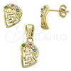 Oro Laminado Earring and Pendant Adult Set, Gold Filled Style Greek Key Design, with  Crystal, Golden Finish, 10.91.0036