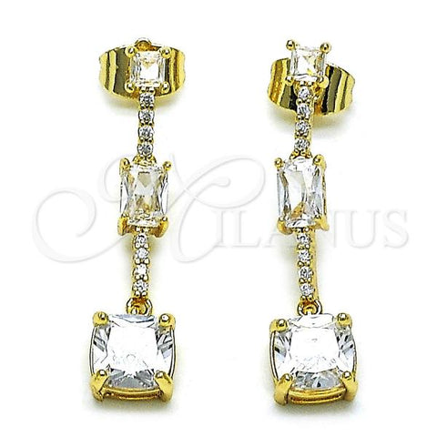 Oro Laminado Long Earring, Gold Filled Style with White Cubic Zirconia and White Micro Pave, Polished, Golden Finish, 02.283.0064