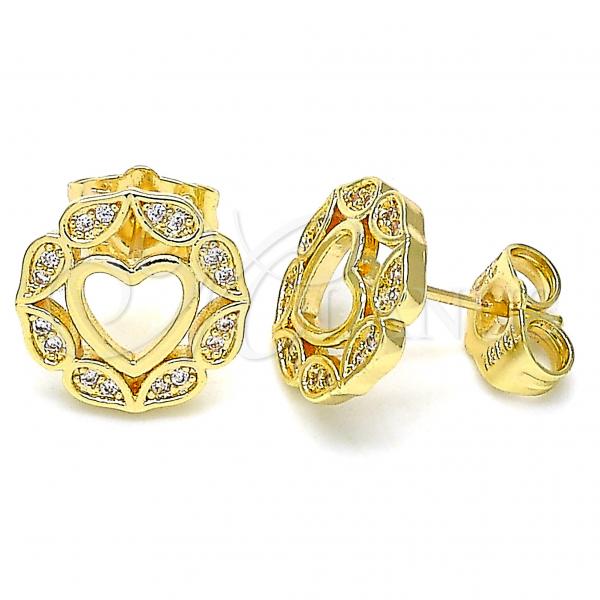 Oro Laminado Stud Earring, Gold Filled Style Heart Design, with White Micro Pave, Polished, Golden Finish, 02.156.0527