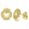 Oro Laminado Stud Earring, Gold Filled Style Heart Design, with White Micro Pave, Polished, Golden Finish, 02.156.0527