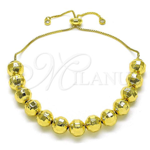 Oro Laminado Adjustable Bolo Bracelet, Gold Filled Style Ball and Disco Design, with White Cubic Zirconia, Diamond Cutting Finish, Golden Finish, 03.368.0097