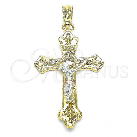 Oro Laminado Religious Pendant, Gold Filled Style Crucifix Design, Polished, Tricolor, 05.351.0164