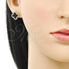 Oro Laminado Stud Earring, Gold Filled Style Four-leaf Clover Design, with Black Mother of Pearl and White Micro Pave, Polished, Golden Finish, 02.283.0245.1