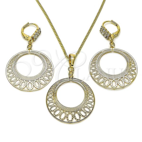 Oro Laminado Earring and Pendant Adult Set, Gold Filled Style with White Crystal, Polished, Golden Finish, 10.63.0605