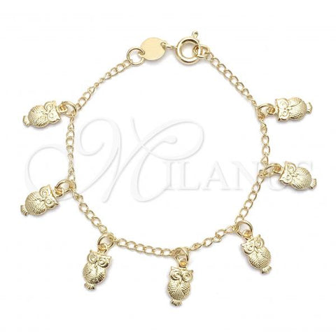 Oro Laminado ID Bracelet, Gold Filled Style Owl and Figaro Design, Polished, Golden Finish, 03.32.0302.06
