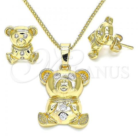 Oro Laminado Earring and Pendant Adult Set, Gold Filled Style Teddy Bear Design, with White Cubic Zirconia, Polished, Golden Finish, 10.185.0009