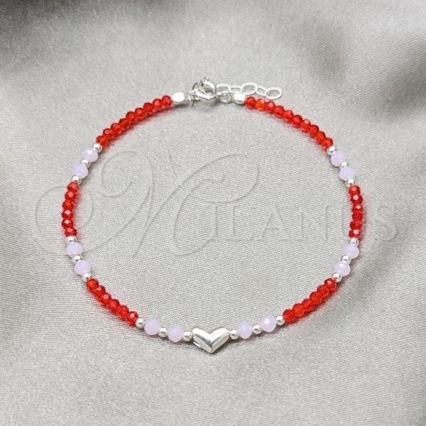 Sterling Silver Fancy Bracelet, Ball and Heart Design, with Orange Red and Pink Crystal, Polished, Silver Finish, 03.426.0051.07