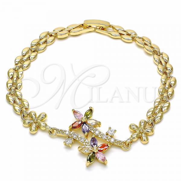 Oro Laminado Fancy Bracelet, Gold Filled Style Flower Design, with Multicolor and White Cubic Zirconia, Polished, Golden Finish, 03.357.0011.1.07