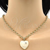 Oro Laminado Necklace and Bracelet, Gold Filled Style Rolo and Heart Design, with White Crystal, Brown Enamel Finish, Golden Finish, 06.63.0181