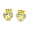 Oro Laminado Stud Earring, Gold Filled Style Heart Design, with White Micro Pave, Polished, Golden Finish, 02.199.0034