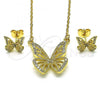 Oro Laminado Earring and Pendant Adult Set, Gold Filled Style Butterfly Design, with White Micro Pave, Polished, Golden Finish, 10.196.0074