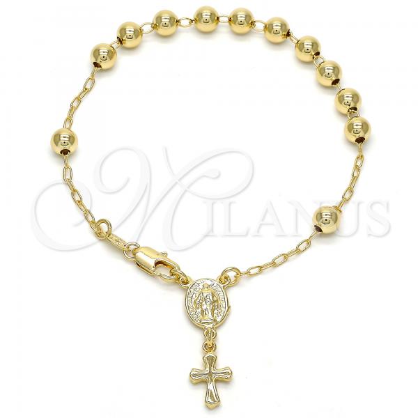 Oro Laminado Bracelet Rosary, Gold Filled Style Virgen Maria and Cross Design, Polished, Golden Finish, 03.197.0001.08