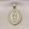 Oro Laminado Religious Pendant, Gold Filled Style Guadalupe and Leaf Design, Polished, Golden Finish, 05.213.0093