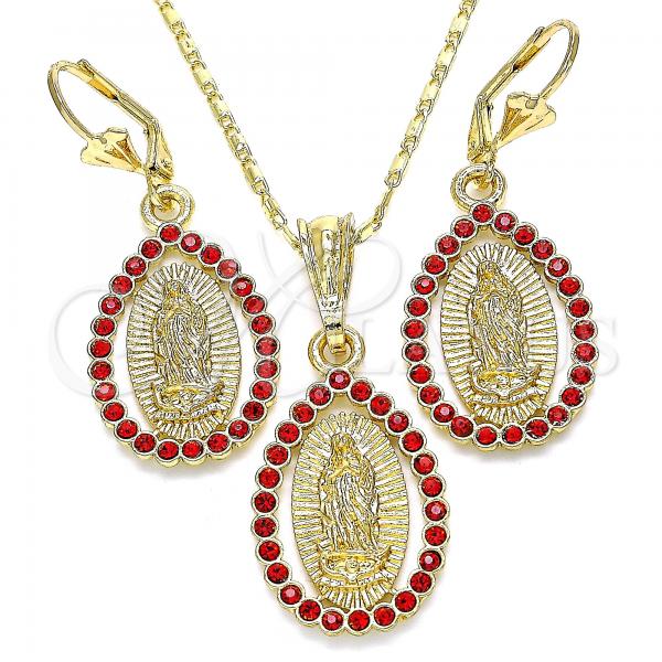 Oro Laminado Earring and Pendant Adult Set, Gold Filled Style Guadalupe and Teardrop Design, with Garnet Crystal, Polished, Golden Finish, 10.351.0012.1