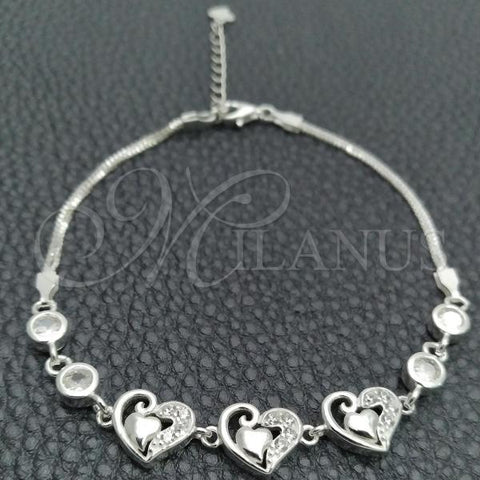 Sterling Silver Fancy Bracelet, Heart Design, with White Cubic Zirconia, Polished, Silver Finish, 03.400.0003.07