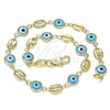 Oro Laminado Fancy Anklet, Gold Filled Style Evil Eye and Puff Mariner Design, Turquoise Resin Finish, Golden Finish, 03.326.0012.3.10
