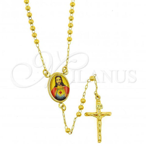 Oro Laminado Thin Rosary, Gold Filled Style Sagrado Corazon de Jesus and Crucifix Design, Polished, Golden Finish, 09.118.0005.20