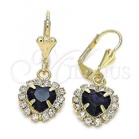Oro Laminado Dangle Earring, Gold Filled Style Heart Design, with Dark Amethyst and White Crystal, Polished, Golden Finish, 02.122.0114.7