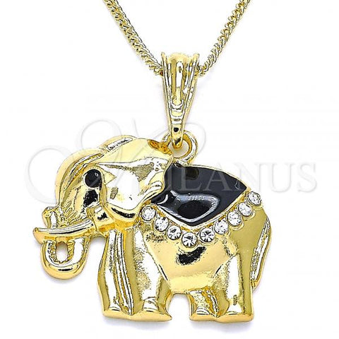 Oro Laminado Pendant Necklace, Gold Filled Style Elephant Design, with White and Black Crystal, Black Enamel Finish, Golden Finish, 04.380.0025.20